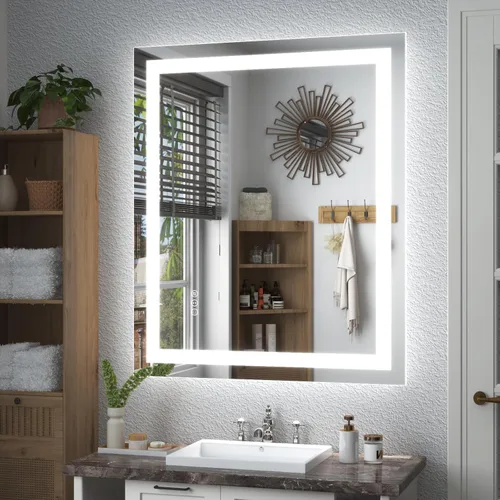 Vista 31 de Espejo de baño LED iluminado de 30 x 30 pulgadas para pared, espejo cuadrado de tocador con luces, regulable, antivaho, a prueba de roturas