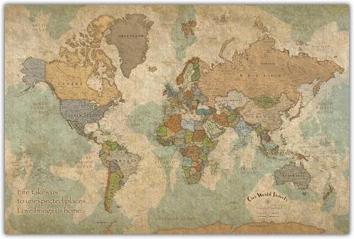 HolyCowCanvas Mapa del Mundo Personalizado con Chinchetas sobre Lienzo en Tonos Tierra Vintage, Personaliza con Tus Nombres y Cita para Rastrear