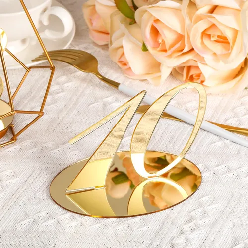 Vista 3 de Yalikop 10 números de mesa para boda, recepción del 1 al 10, números de boda con soporte, elegante número de mesa de espejo para fiesta de Dorado