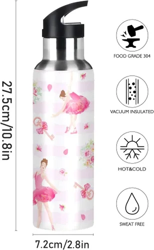 Vista 2 de Qilmy Botella de agua deportiva con tapa de pajilla, aislada al vacío, de acero inoxidable, termo de ballet, botella de agua para niña, 20 onzas