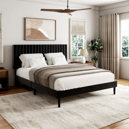 Vista 3 de Sismplly - Base de cama tamaño Full con cabecera acolchada en terciopelo, cama plataforma con listones de madera resistentes, base para colchón