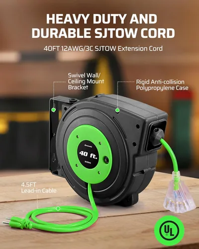 Vista 2 de DEWENWILS Carrete de cable de extensión retráctil, cable de alimentación resistente de 40 pies, carrete de cable retráctil SJTOW 12/3C, salidas