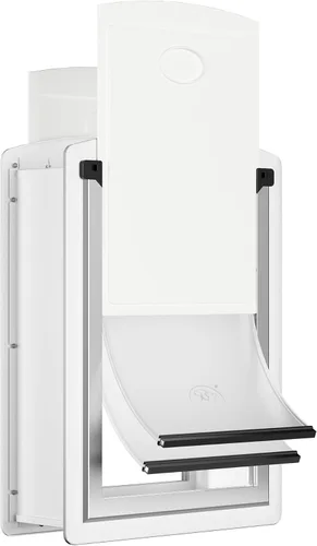 Vista 10 de Puerta de perro para pared, puerta de perro de acero con túnel telescópico, puerta de mascotas resistente a la intemperie con dos paneles de bloqueo