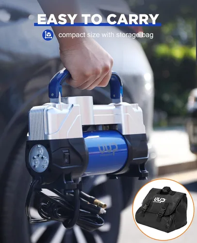 Vista 7 de UUP Compresor de aire para inflador de neumáticos, 150PSI 12V CC, doble cilindro, bomba de aire portátil resistente con luz LED de emergencia