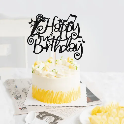 Vista 3 de Micrófono negro con purpurina para pastel de cumpleaños, decoración de cumpleaños para amantes de la música, tema musical de karaoke, suministros