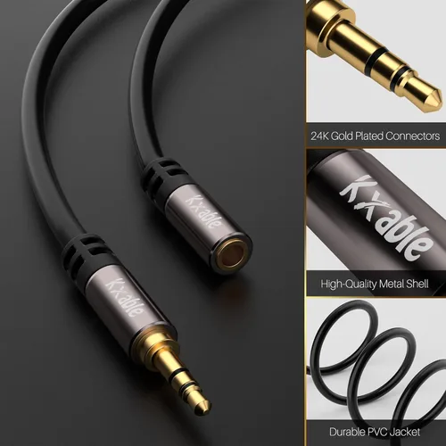 Vista 2 de Cable de extensión de 3.5 mm 1.2 m (paquete de 2), cable de audio auxiliar estéreo de macho a hembra, cable de extensión de auriculares, sonido