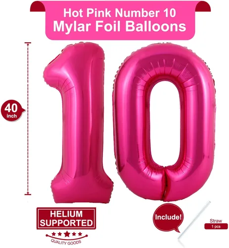 Vista 2 de Globos gigantes de 40 pulgadas de color rosa intenso con el número 10, globos de 10 globos de color rosa intenso para cumpleaños de 10 años