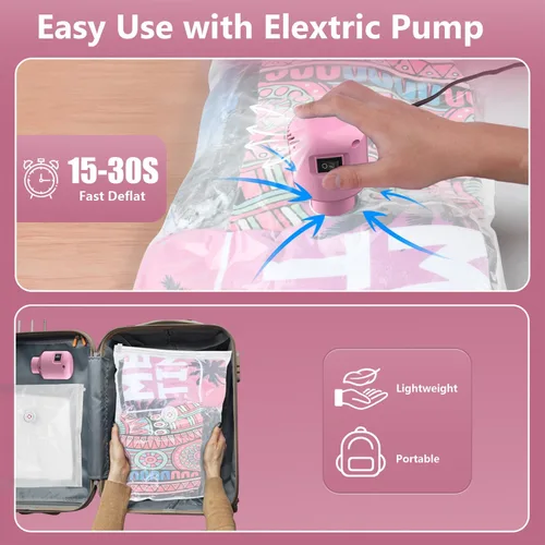 Vista 3 de Bolsas de sellado al vacío para ropa de viaje, paquete de 5 bolsas de almacenamiento al vacío para ahorro de espacio con bomba eléctrica, sellador