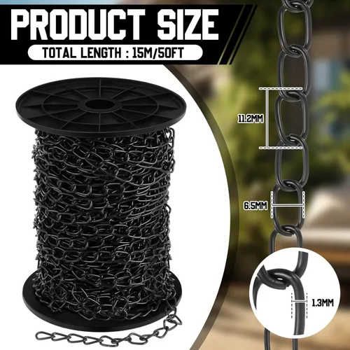 Vista 2 de Yaocom Cadena Jack Colgante de Acero Galvanizado de 50 pies, Carrete de Cadena de Metal Negro para Luminarias, Comederos para Pájaros, Luces