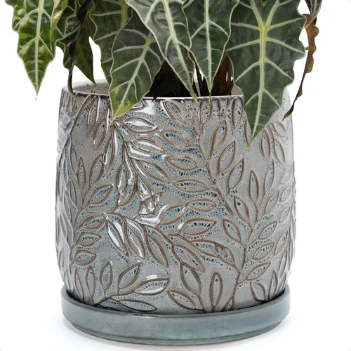 Vista 26 de D'vine Dev Maceta de cerámica con hojas en relieve de 4 pulgadas con orificio de drenaje y platillo, azul grafito, 27-A-Z-9