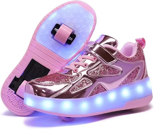 Vista 12 de Wooowyet - Tenis con ruedas y luces LED para niños y niñas, con ruedas, USB recargable, cierre de gancho y bucle