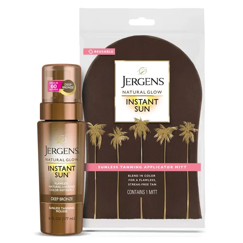 Jergens Paquete de sol instantáneo de brillo natural: mousse de bronceado sin sol de bronce profundo, botella de 6 onzas y guante aplicador de Kao USA Inc.