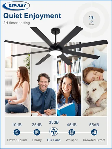 Vista 6 de Depuley Ventiladores de techo de 66" con luces: Ventilador de techo negro para interior/exterior para patios, sala de estar - 8 aspas Ventiladores