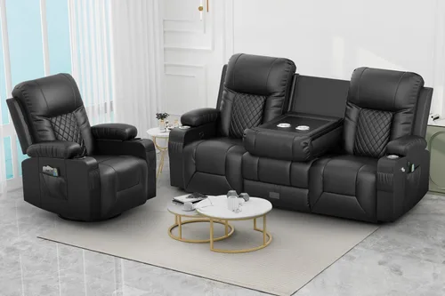 Vista 10 de Furnimat Juego de sofá reclinable con 2+1 piezas para sala de estar, sofá reclinable de 2 plazas en cuero, 1 silla reclinable con asiento de sofá