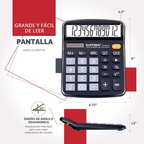 Vista 3 de CATIGA CD-2786 - Calculadora de escritorio de 12 dígitos con pantalla LCD grande y botón sensible, energía solar dual y batería, función estándar