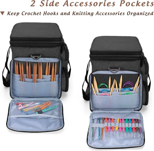 Vista 4 de Yarwo Bolsa de hilo para tejer, bolsa de almacenamiento portátil de ganchillo con doble cubierta superior y agujeros de hilo para agujas de tejer