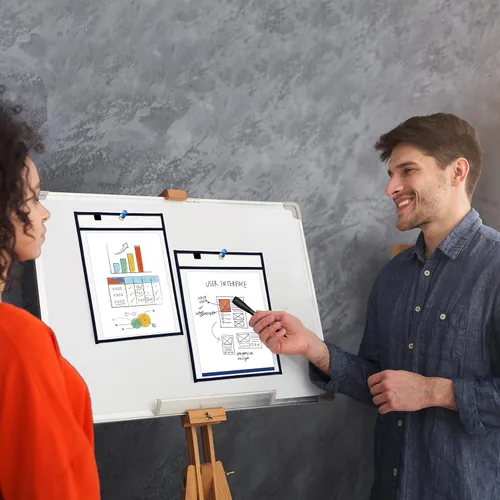 Vista 6 de Scribbledo Paquete de 6 bolsillos de borrado en seco, fundas de plástico negras para papel, fundas transparentes resistentes, suministros