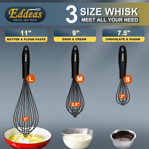 Vista 6 de Batidor de silicona, acero inoxidable y silicona, antiadherente, juego de 3 batidores de cocina resistentes al calor, batidor de huevos con globo