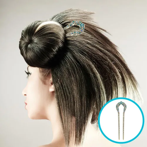 Vista 8 de Lurrose Pin de pelo de doble punta en forma de U de cristal Chignon Horquilla Stick Accesorio de peinado para mujeres niñas (azul)