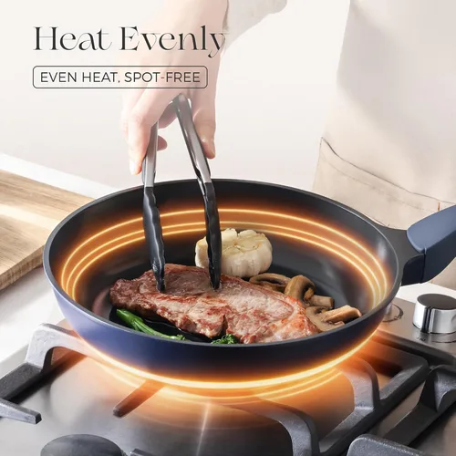 Vista 5 de PRICUSIS Sartén antiadherente de cerámica con tapa, sartén de 8/10 pulgadas con mango Stay Cool, totalmente revestido, 100% apto para lavavajillas