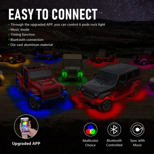 Vista 3 de Luces RGB Rock, 6 cápsulas, kit de luz LED de neón multicolor con control Bluetooth, función de sincronización impermeable, sincronización