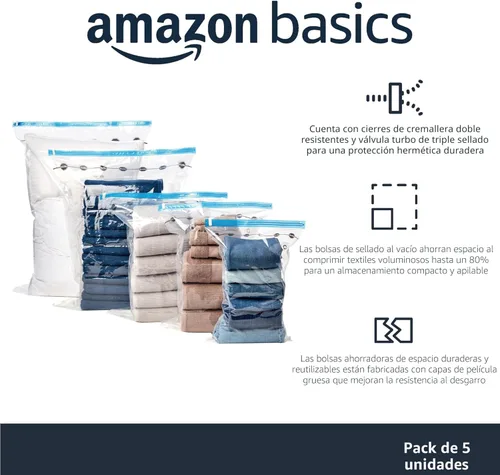 Vista 2 de Yaxa Basics Bolsas de almacenamiento con cremallera de compresión al vacío con bomba de mano, medianas, transparentes, paquete de 5, blanco, azul