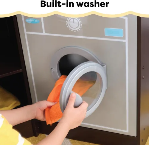 Vista 5 de KidKraft Ultimate Corner Wooden Play Kitchen with Lights & Sounds, Play Phone and Curtains, Espresso, Gift for Ages 3+