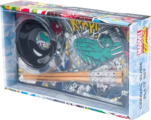 Vista 7 de Silver Buffalo Marvel Avengers Juego de vajilla con diseño de Hulk, Iron Man, Capitán América, Thor, Black Panther y Spiderman, incluye plato