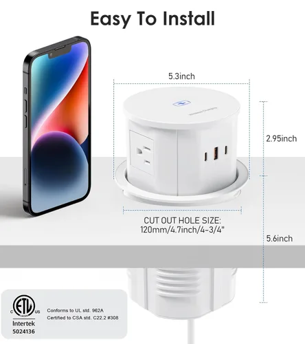 Vista 2 de ANNQUAN Toma de corriente desplegable de 4.75 pulgadas con USB C de 65 W, cargador inalámbrico de 15 W, 4 tomas, 3 puertos USB, salida