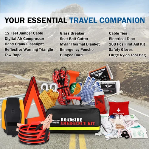 Vista 2 de Everlit Kit de emergencia para automóvil de supervivencia, kit de herramientas de seguridad en carretera con guantes, compresor de aire digital