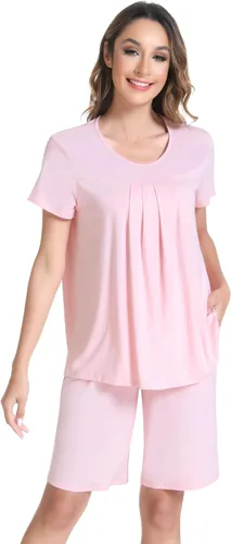 NACHILA Pijama para mujer de viscosa hecha de bambú, conjunto de pijama de manga corta con cuello redondo, pijama plisado, parte superior suave