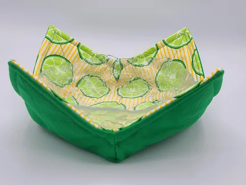 Vista 3 de Cuenco reversible para microondas con diseño de rayas de lima, color amarillo, verde, brillante, ropa de cocina tropical, hecha a mano, inauguración
