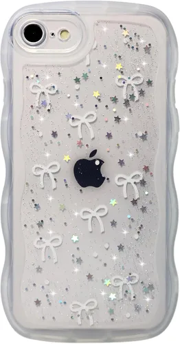 Vista 50 de Qokey para iPhone 14 Plus Funda de 6.7" con diseño de borde ondulado rizado, transparente, con purpurina, brillo, estrellas, brillante, lindo