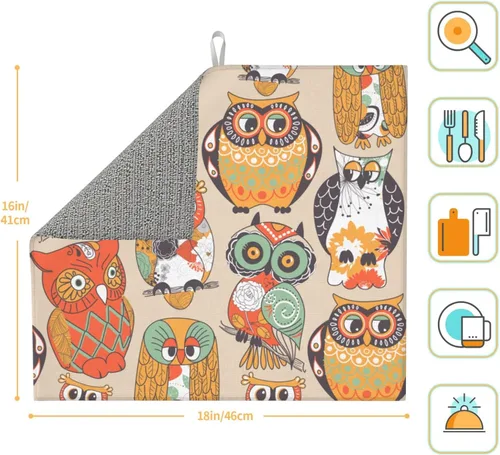 Vista 2 de Tapete de secado de platos de búho para decoración de mostrador de cocina y accesorios, 16 x 18 pulgadas, tapete de microfibra para escurridor