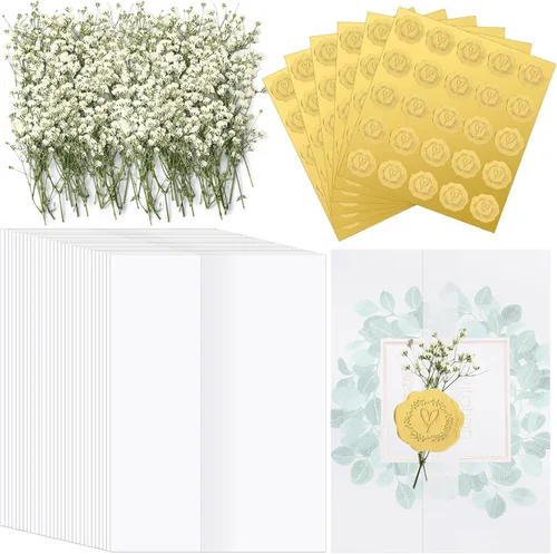 Fabbay Juego de 50 envolturas de invitaciones de boda, sobre para invitaciones de 5 x 7 pulgadas, autoadhesivas, sello de cera dorada, flores secas