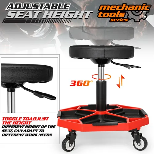 Vista 6 de M-AUTO Taburete de garaje móvil neumático con bandeja para equipos y ruedas todo terreno, capacidad de 300 libras, asiento de rodillo mecánico