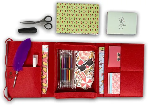 Pen Pal Letter Writing Kit, Felt Organizer Writing Folder, Fancy Feather Pen, Paper, Cards & Envelopes, Gel Pens, Scissors, Glue Stick, Snail Mail