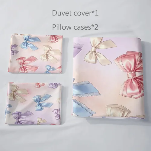 Vista 5 de AILONEN Twin Duvet Cover Set 3 Piece, Pastel Bowknot Bedding, Pink Purple Quilt Wrap Zippered, Soft Microfiber Comforter Case for Princess Girls