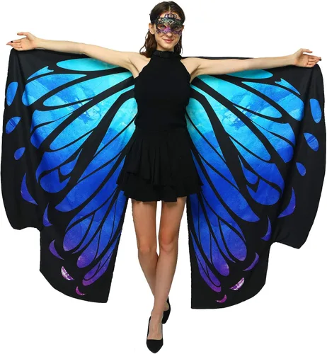 Disfraz de alas de mariposa para mujer, tela con estampado de doble cara, para Halloweenfiesta