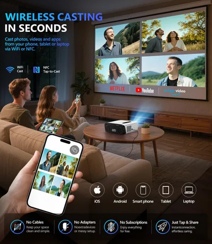 Vista 7 de Proyector de luz diurna 4K con 2500 ANSI, Google TV y Netflix, audio Dolby de 70 W y 2 micrófonos inalámbricos, WiFi y Bluetooth