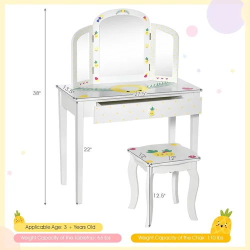 Vista 6 de Costzon Vanity - Juego de tocador para niñas con espejo plegable de tres piezas, taburete, cajón de almacenamiento, tocador de maquillaje