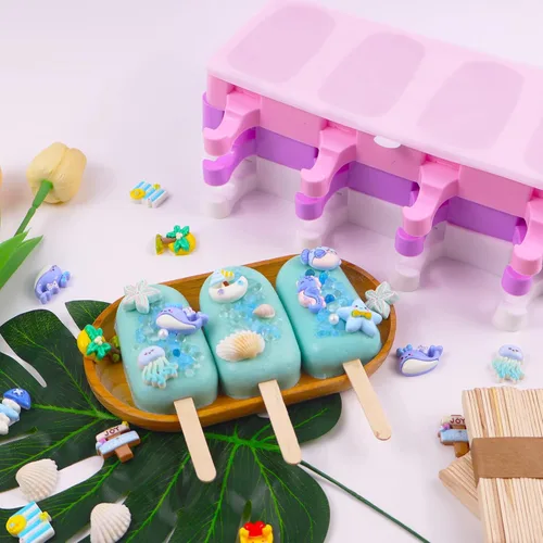 Vista 2 de 3 moldes de silicona grandes para paletas con tapas, 4 cavidades, moldes ovalados para barra de helado, moldes de silicona con 100 palos de madera