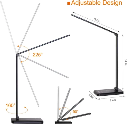 Vista 4 de Lámpara de escritorio LED con cargador inalámbrico, lámparas de mesa para el cuidado de los ojos, lámpara de oficina regulable sin pasos con puerto