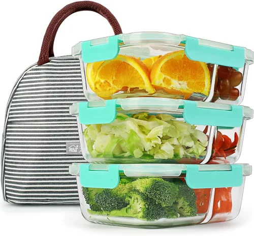Vista 13 de DAS TRUST Paquete de 3 recipientes de vidrio para almacenamiento de alimentos, 2 compartimentos, recipientes de vidrio para preparación de comidas