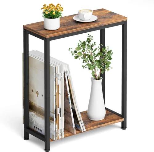 Vista 10 de SLEEPING LAMB Mesa auxiliar estrecha pequeña para espacio pequeño, mesa auxiliar de sofá de 2 niveles, mesa de noche delgada para sala de estar