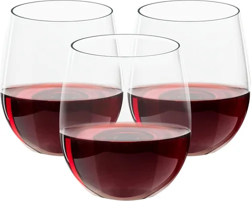 FOCUSLINE Paquete de 32 copas de vino de plástico sin tallo, vasos de vino desechables transparentes de 12 onzas, copas de vino de plástico
