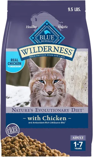 Blue Buffalo Wilderness Nature's Evolutionary Diet - Alimento seco natural alto en proteínas y sin granos para gatos adultos, pollo, bolsa de 9.5