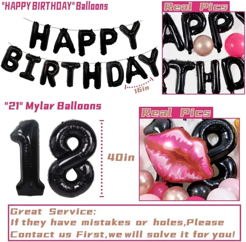 Vista 4 de Decoraciones de cumpleaños número 18, oro rosa, negro, pancarta feliz, números de globos de 18, decoración de fiesta de mujeres, decoraciones