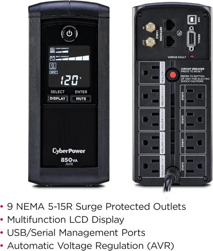 Vista 5 de CyberPower CP850AVRLCD - Batería de respaldo inteligente con pantalla LCD y protector contra sobretensiones UPS, 850VA/510W, 9 tomas, AVR