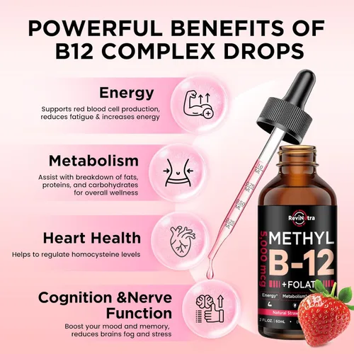 Vista 2 de Gotas líquidas de vitamina B12, vitaminas B12 de 5000 mcg, suplemento de complejo de vitamina B con metilcobalamina B12 sublingual, vitamina B6